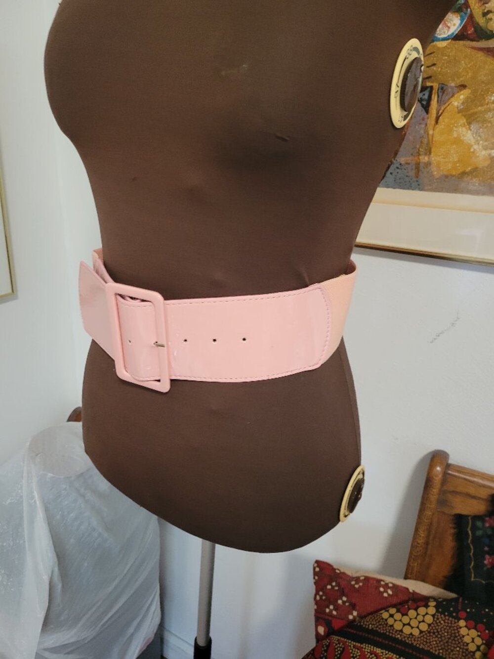 Vintage 80's Wide Light PInk Elastic Waist Belt Size M to XL